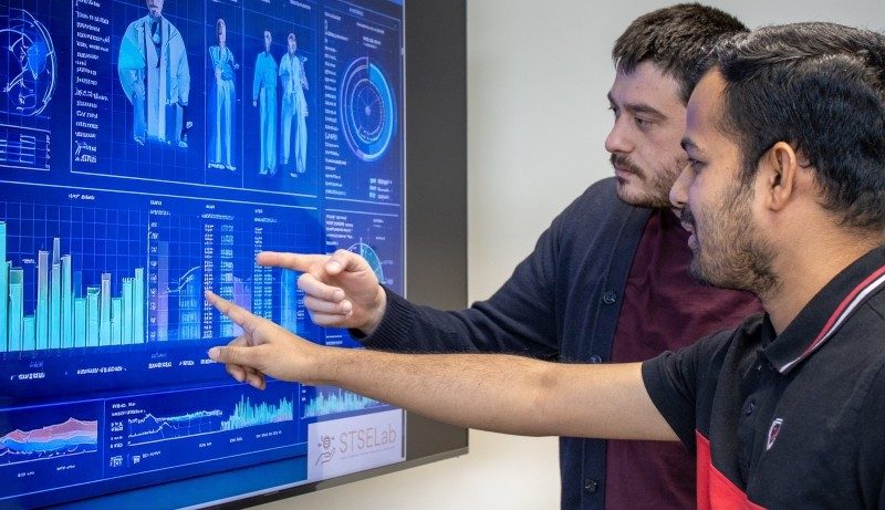 Md Doulotuzzaman Xames and Taylan Topcu point at and analyze an example of a digital twin system dashboard on a large screen.